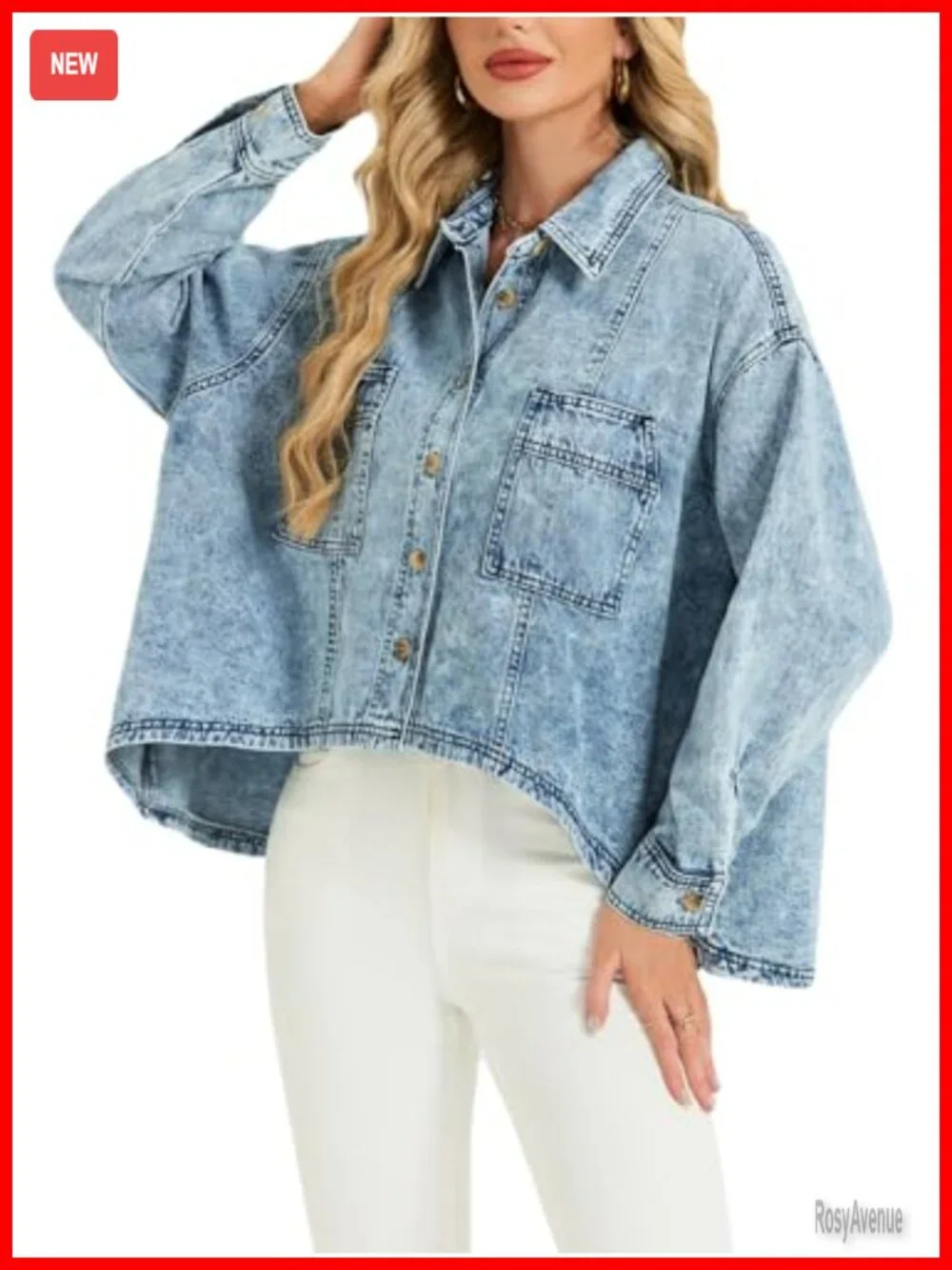 Oversized Denim Jacket Women Batwing Sleeve Cropped Shacket Lightweight Cardigan